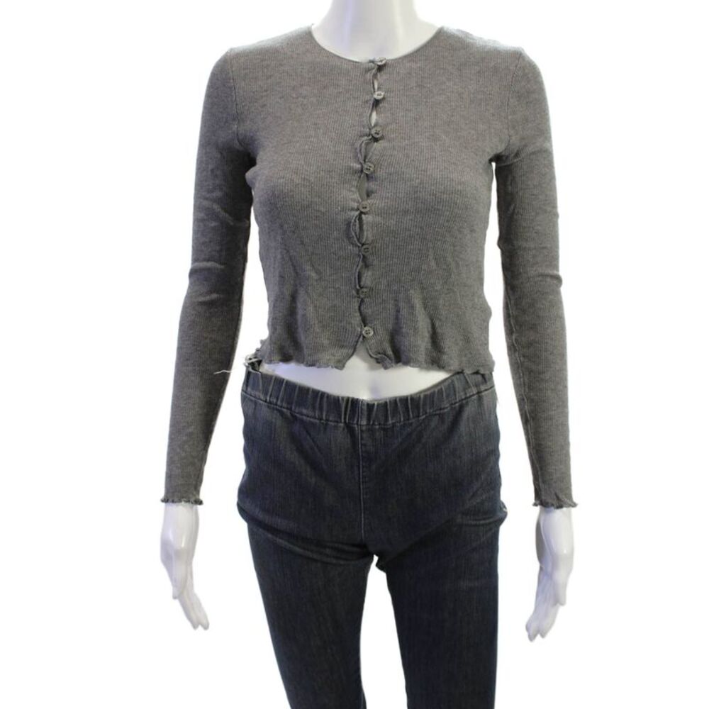 Samsoe & Samsoe Women Cropped Gray Button Up Top Long Sleeve Crew Neck Size XS